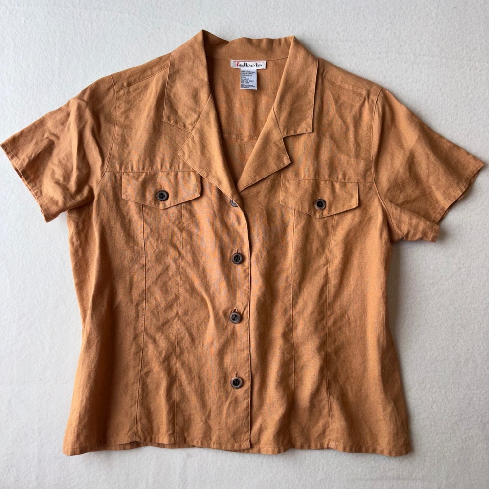VINTAGE 100% LINEN TALBOTS Button Down Top Short Sleeve Shirt Golden Mustard 10